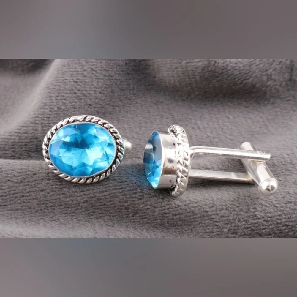 Sterling Silver Blue Topaz Cuff Links